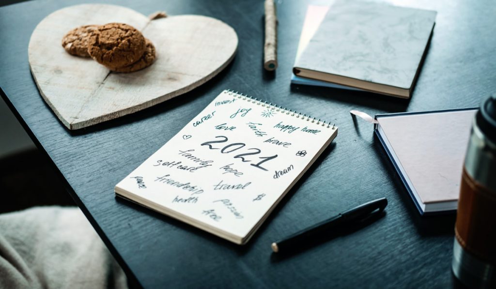 2021 planner with goals written on black table