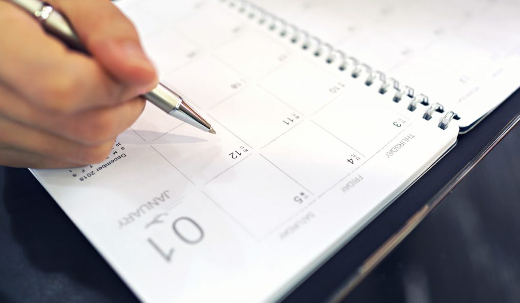 Female planning schedule and appointment on calendar planner
