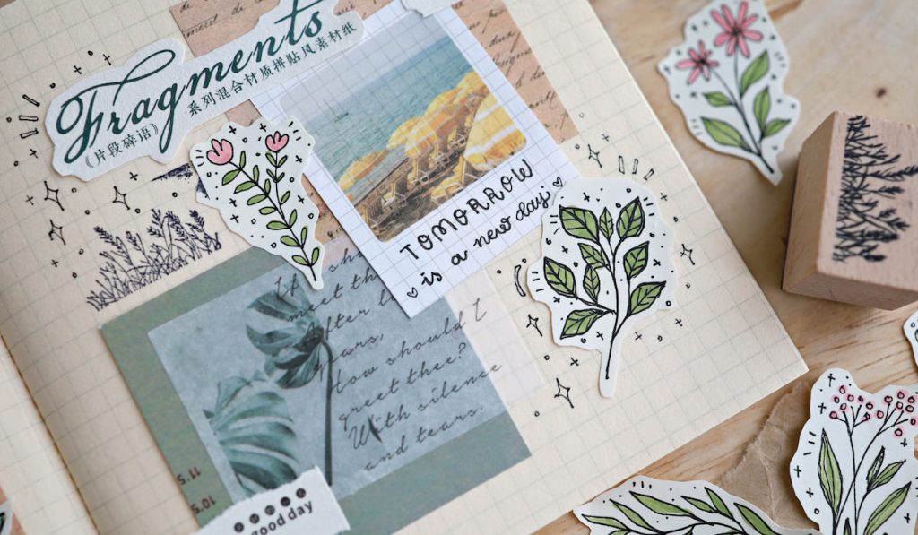 floral themed journal on wooden table