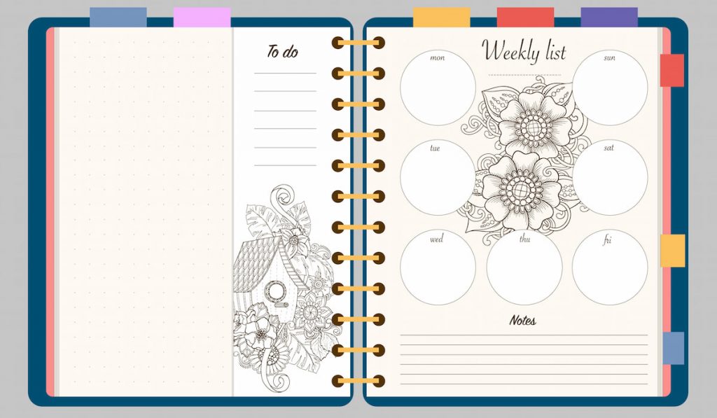 Open page of bullet journal with to do list and weekly list view